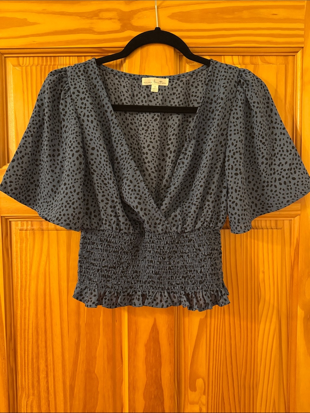 nine britton Smocked-Waist Flutter Sleeve Top